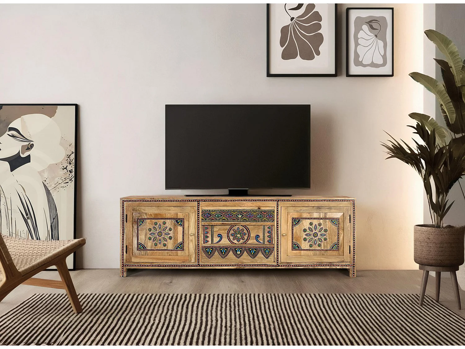 Mobile porta TV in legno di mango, stile etnico boho, 150 cm - 50x150x40