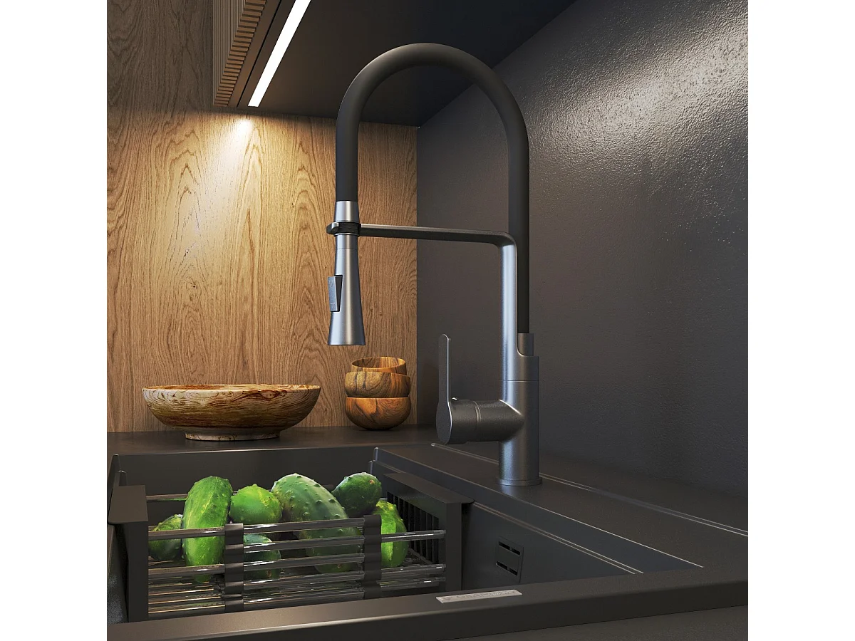 MITIGEUR DE CUISINE BEC EXTRACTIBLE DOUBLE ROBINET MÉTALLIQUE GUN GREY VEGAS