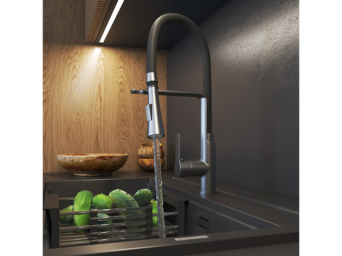 MITIGEUR DE CUISINE BEC EXTRACTIBLE DOUBLE ROBINET MÉTALLIQUE GUN GREY VEGAS