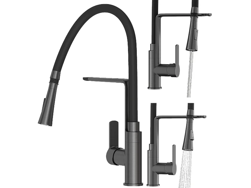 MITIGEUR DE CUISINE BEC EXTRACTIBLE DOUBLE ROBINET MÉTALLIQUE GUN GREY VEGAS