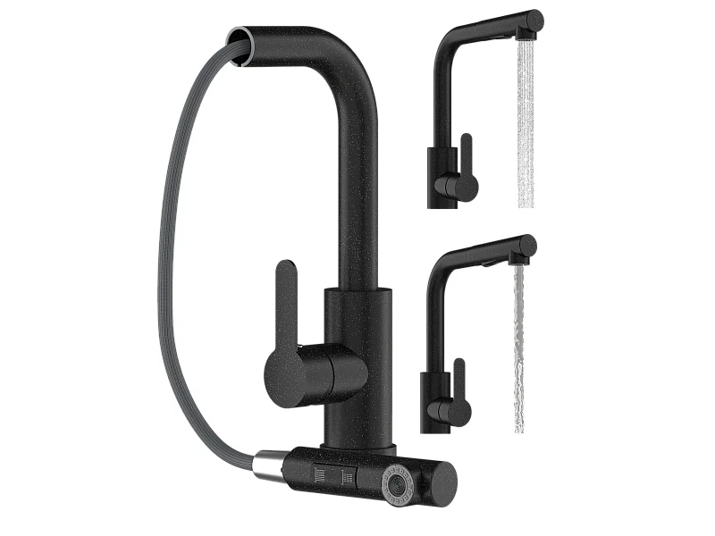 ROBINET DE CUISINE GRANIT NOIR ROBINET À BEC EXTRACTIBLE POUR ÉVIER EBRO