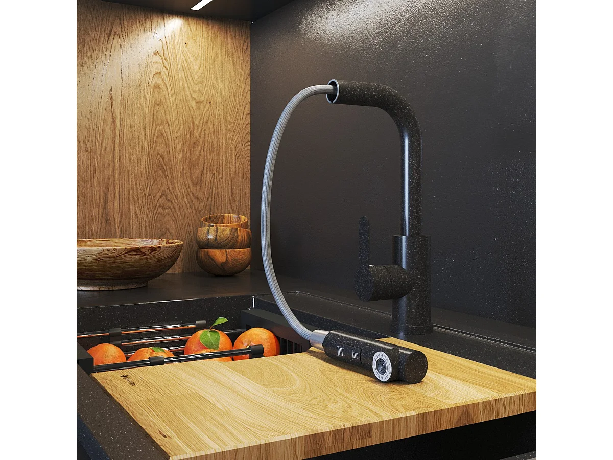 ROBINET DE CUISINE GRANIT NOIR ROBINET À BEC EXTRACTIBLE POUR ÉVIER EBRO