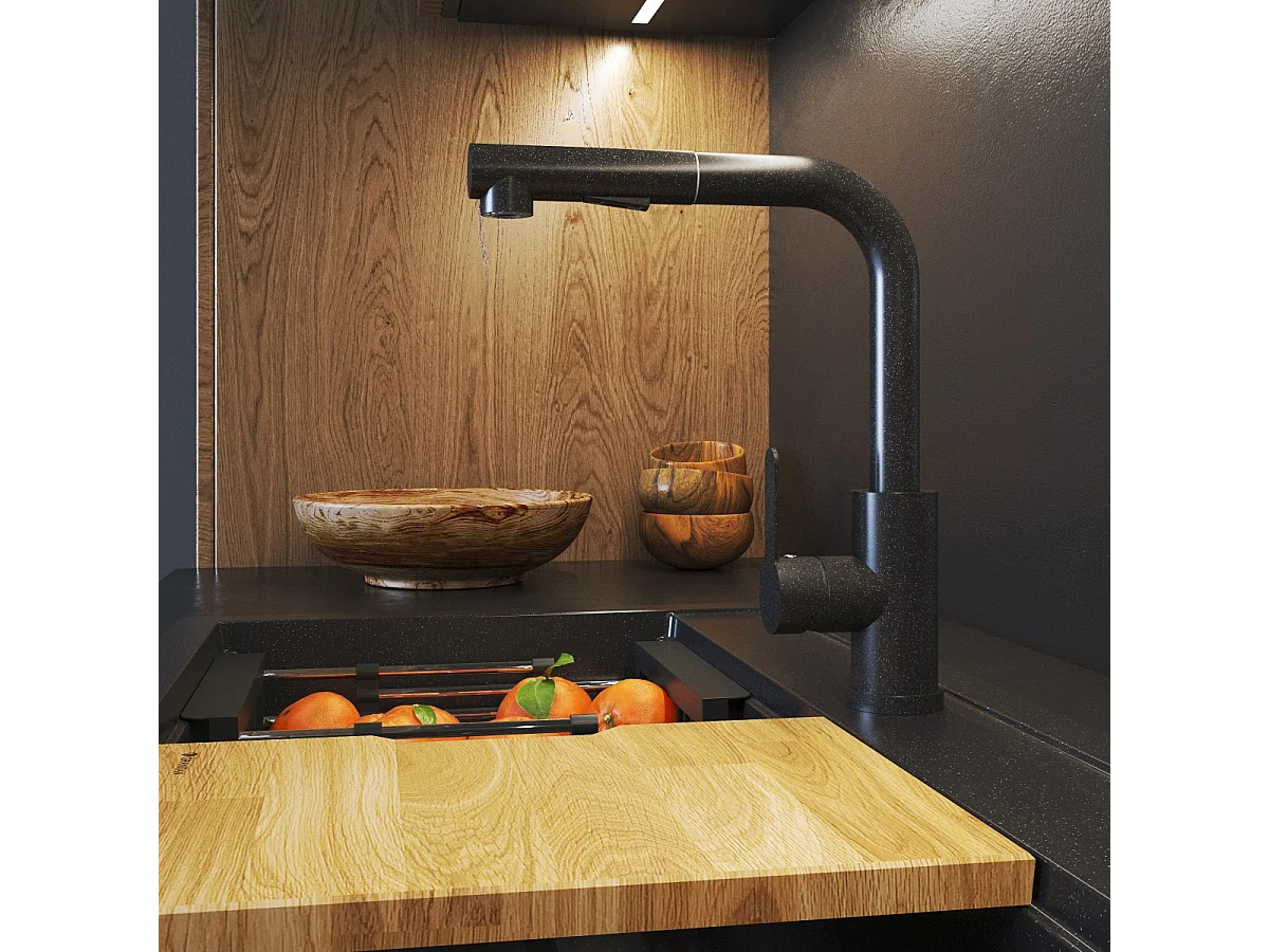 ROBINET DE CUISINE GRANIT NOIR ROBINET À BEC EXTRACTIBLE POUR ÉVIER EBRO