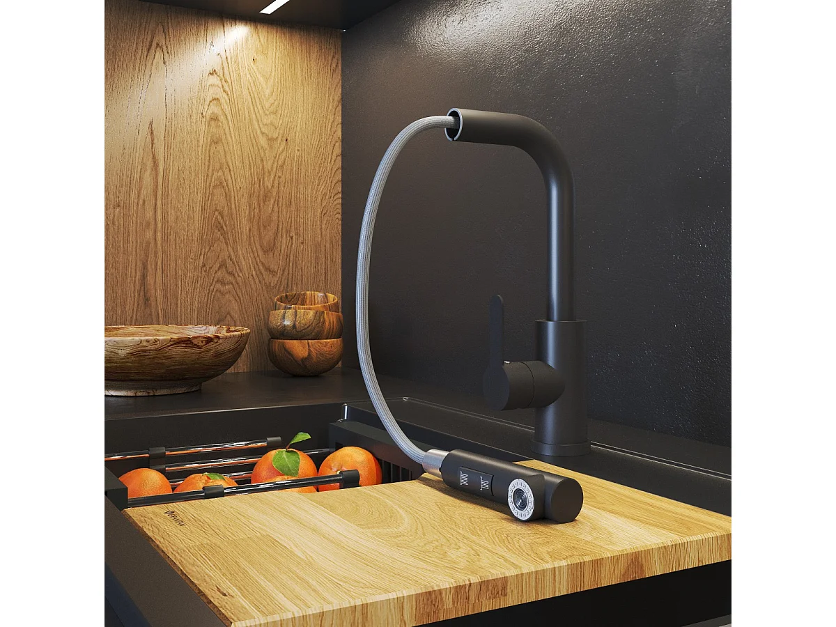 MITIGEUR DE CUISINE NOIR DOUCHETTE EXTRACTIBLE 2 BECS POUR ÉVIER EBRO