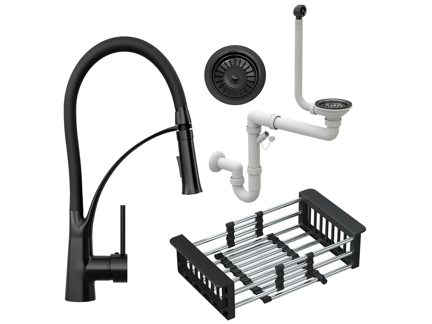 ENSEMBLE DE ROBINETTERIE DE CUISINE SIPHON ÉGOUTTOIR NOIR