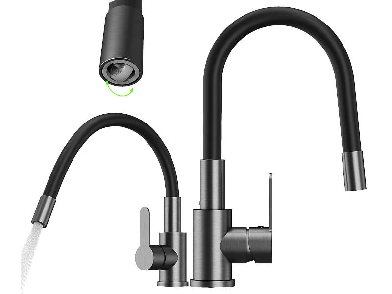 Mélangeur de cuisine à bec flexible gris canon GRADO PLUS aérateur à bec pivotant