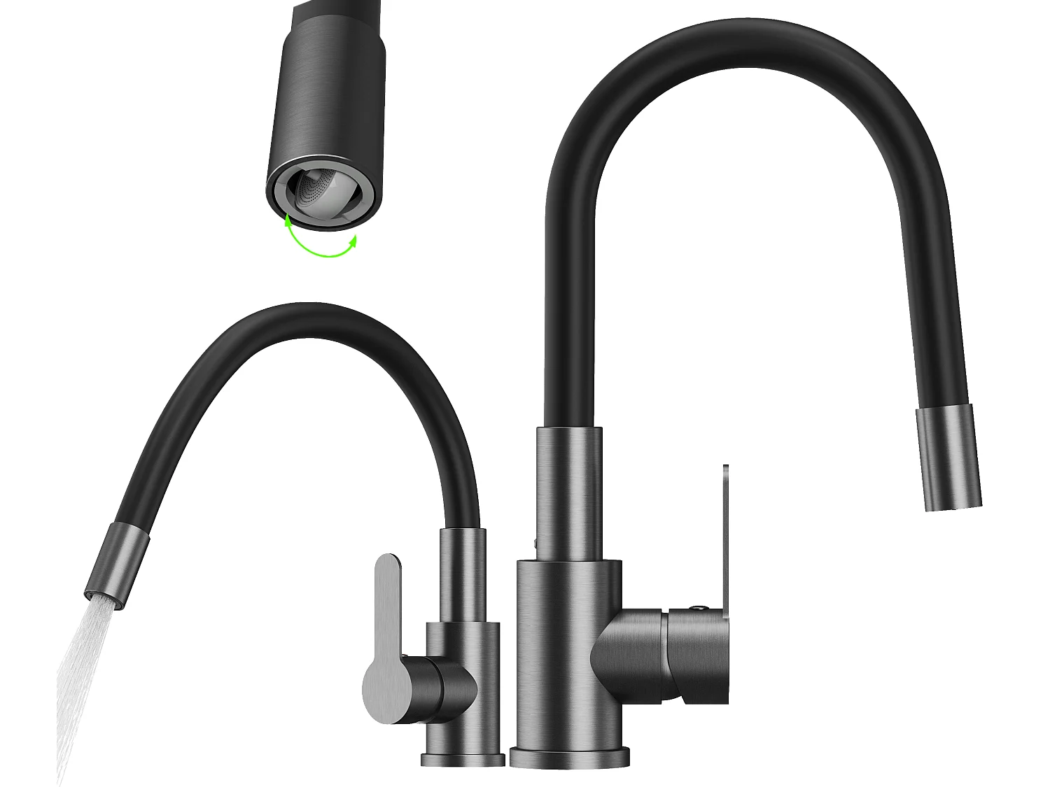 Mélangeur de cuisine à bec flexible gris canon GRADO PLUS aérateur à bec pivotant