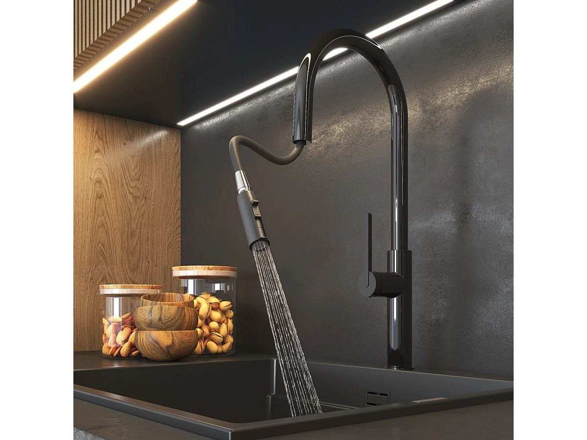 MÉLANGEUR DE CUISINE AVEC DOUCHETTE EXTRACTIBLE NOIR BRILLANT ROBINET PRATI