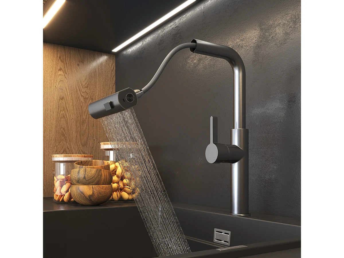 MÉLANGEUR DE CUISINE AVEC PISTOLET EXTRACTIBLE GRIS 3 JETS D'EAU ROBINET GIRO