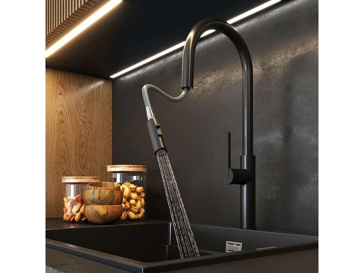 MITIGEUR DE CUISINE AVEC BEC EXTRACTIBLE NOIR DOUBLE ROBINET HIGH PRATI