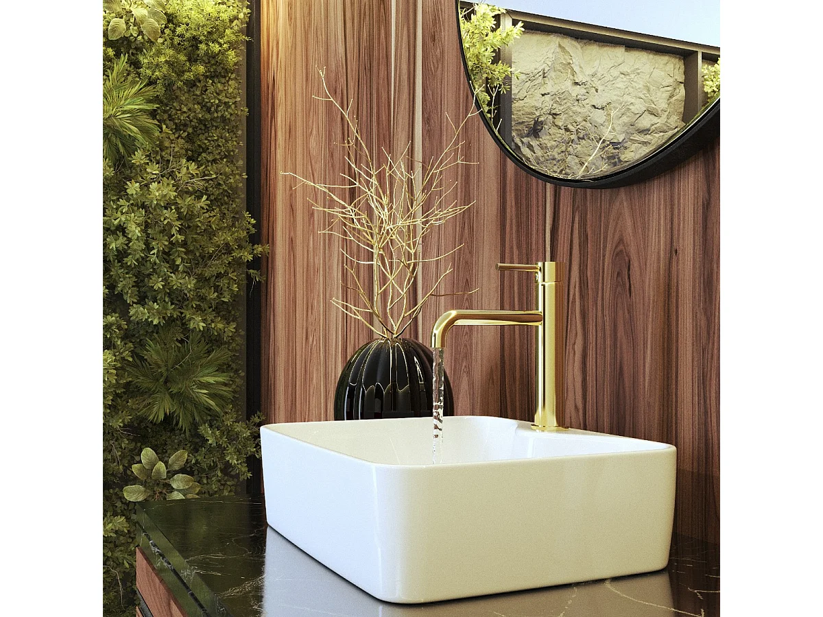 ROBINETTERIE MURALE POUR LAVABO CÉRAMIQUE BASSE OR KIVO