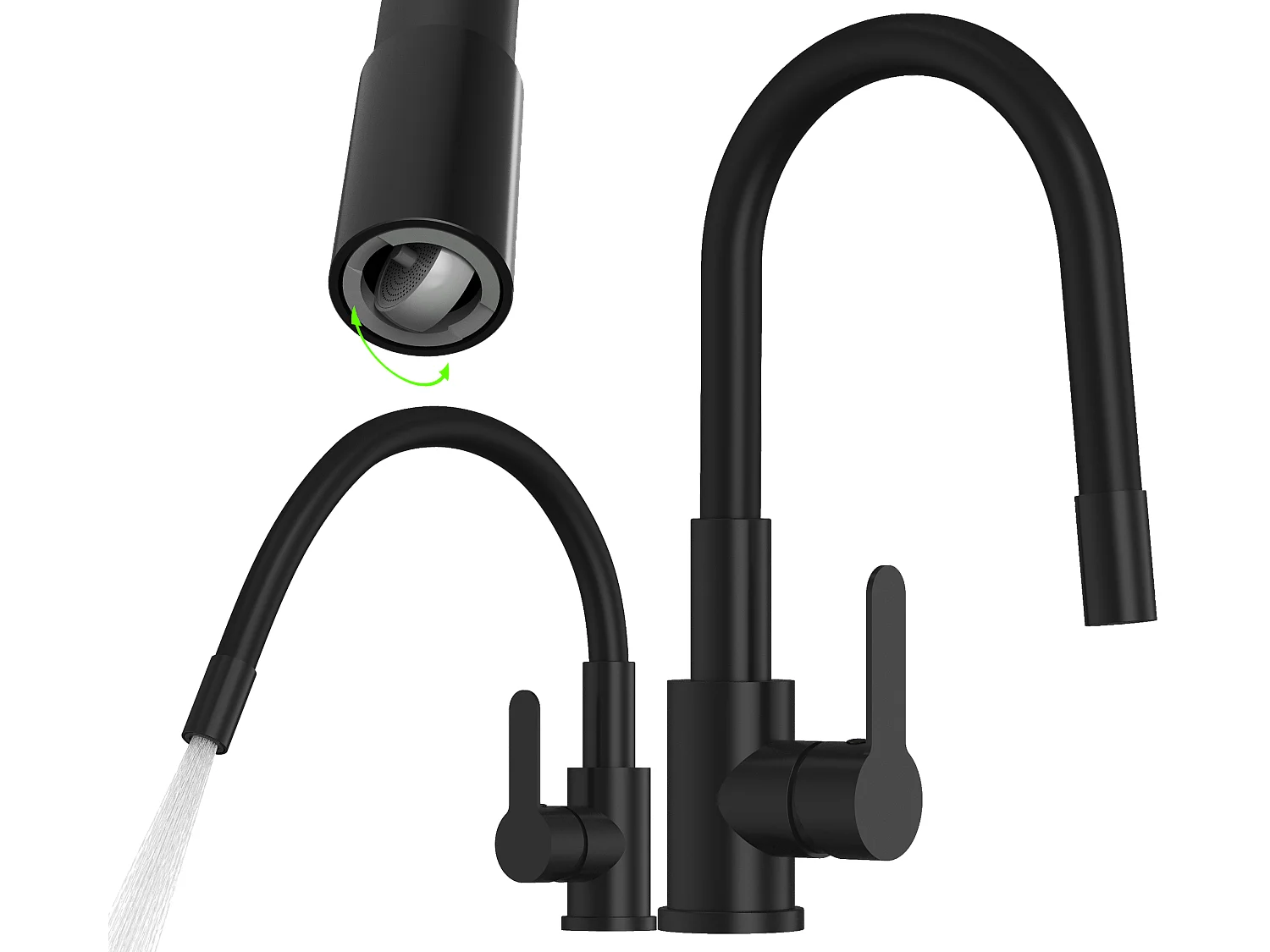 Mélangeur de cuisine à bec flexible noir GRADO PLUS bec pivotant