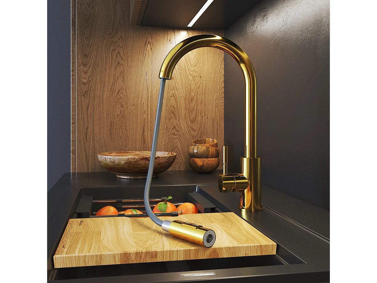 MITIGEUR DE CUISINE BEC EXTRACTIBLE OR ROBINET EN ACIER LOSETO GOLD