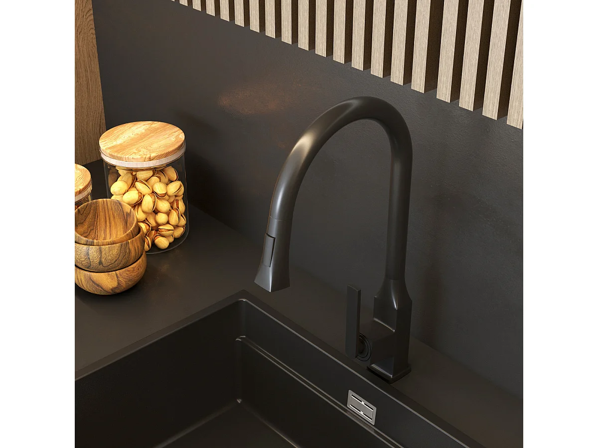 MITIGEUR CUISINE AVEC DOUCHETTE EXTRACTIBLE DOUBLE FONCTION NOIR MAT PASO
