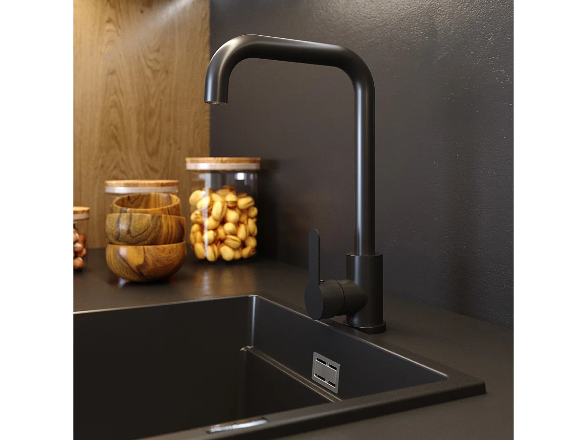 ROBINET DE CUISINE POUR ÉVIER NOIR ROBINET HAUT ACIER ARRONDI