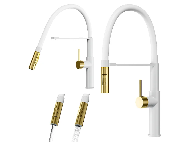MÉLANGEUR DE CUISINE FLEXIBLE BEC BLANC ROBINET OR BROSSÉ SORIA