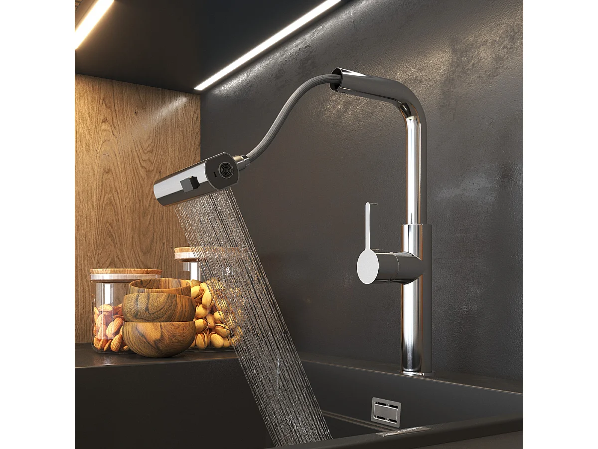 MÉLANGEUR DE CUISINE AVEC DOUCHETTE EXTRACTIBLE CHROME 3 JETS D'EAU ROBINET GIRO