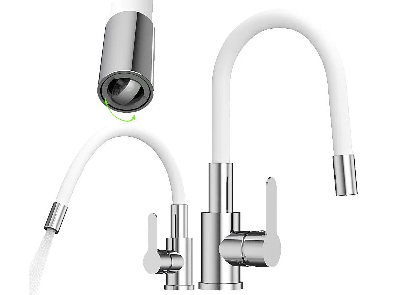Mélangeur de cuisine à bec flexible blanc GRADO PLUS aérateur de bec pivotant