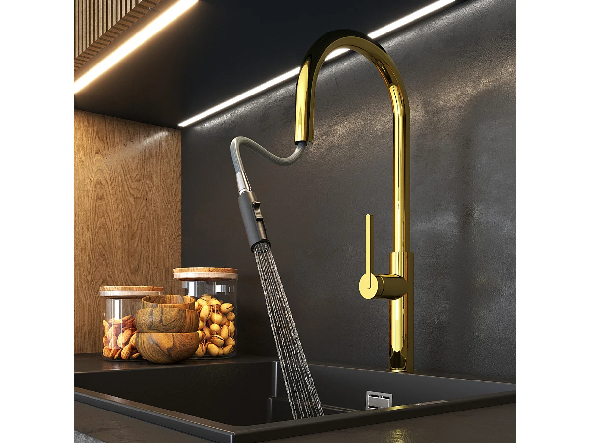 MITIGEUR DE CUISINE AVEC DOUCHETTE EXTRACTIBLE GOLD HIGH PRATI ROBINET DOUBLE FONCTION