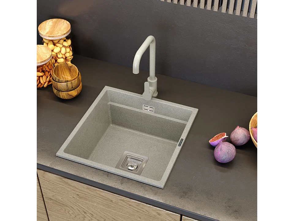 Evier de cuisine beige robinet arrondi acier 85111831