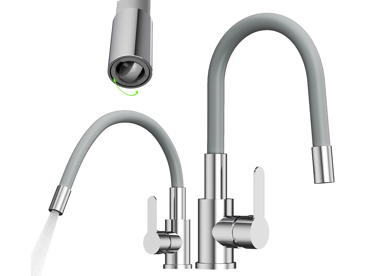 Mélangeur de cuisine à bec flexible Gris GRADO PLUS aérateur de bec pivotant