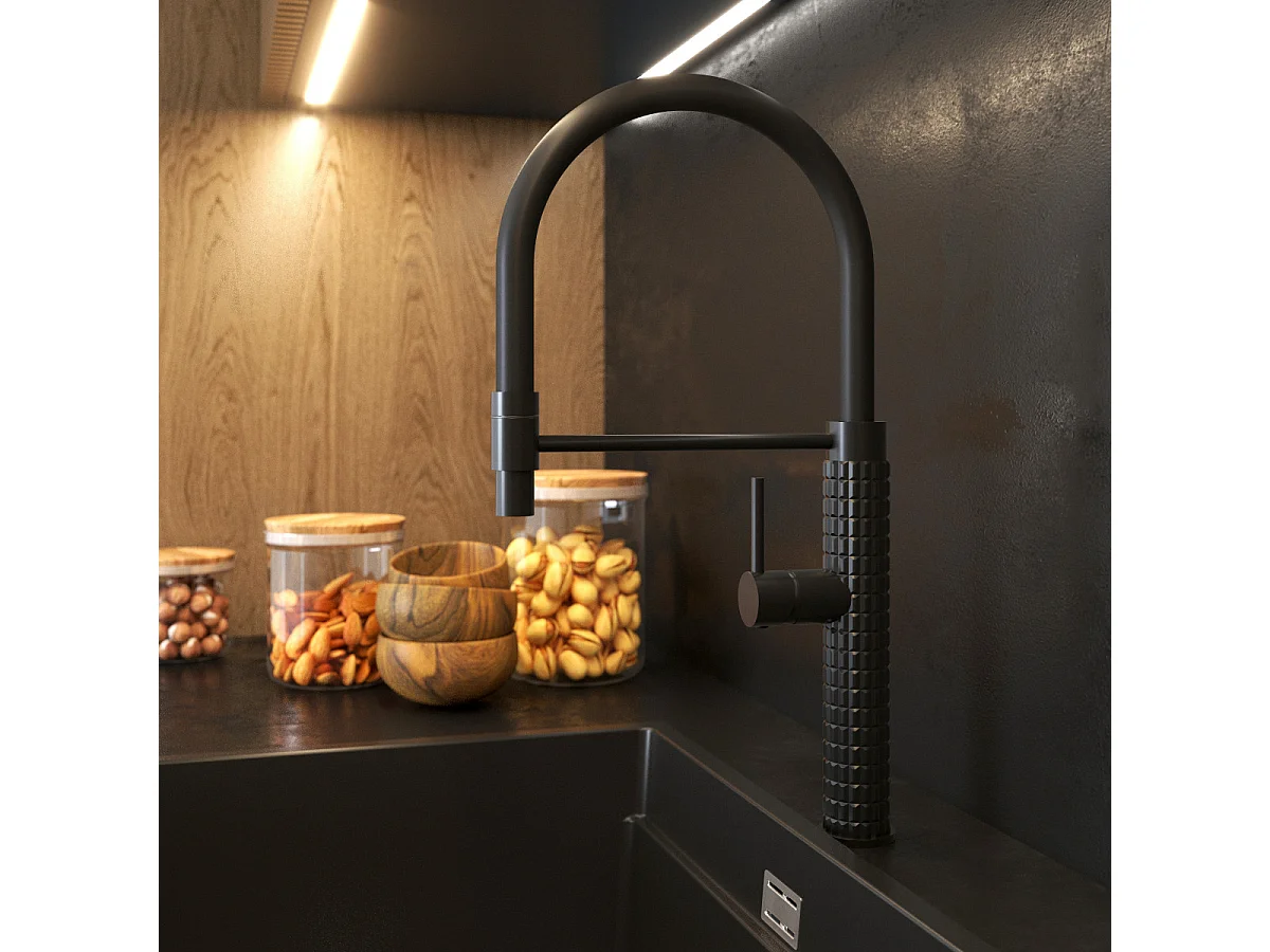 ROBINETTERIE DE CUISINE AVEC BEC FLEXIBLE NOIR ROBINET D'ÉVIER MODERNE FANO
