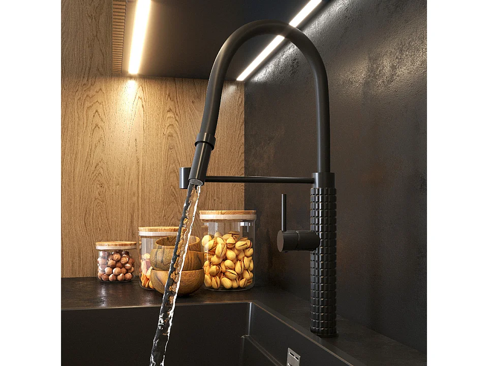 ROBINETTERIE DE CUISINE AVEC BEC FLEXIBLE NOIR ROBINET D'ÉVIER MODERNE FANO
