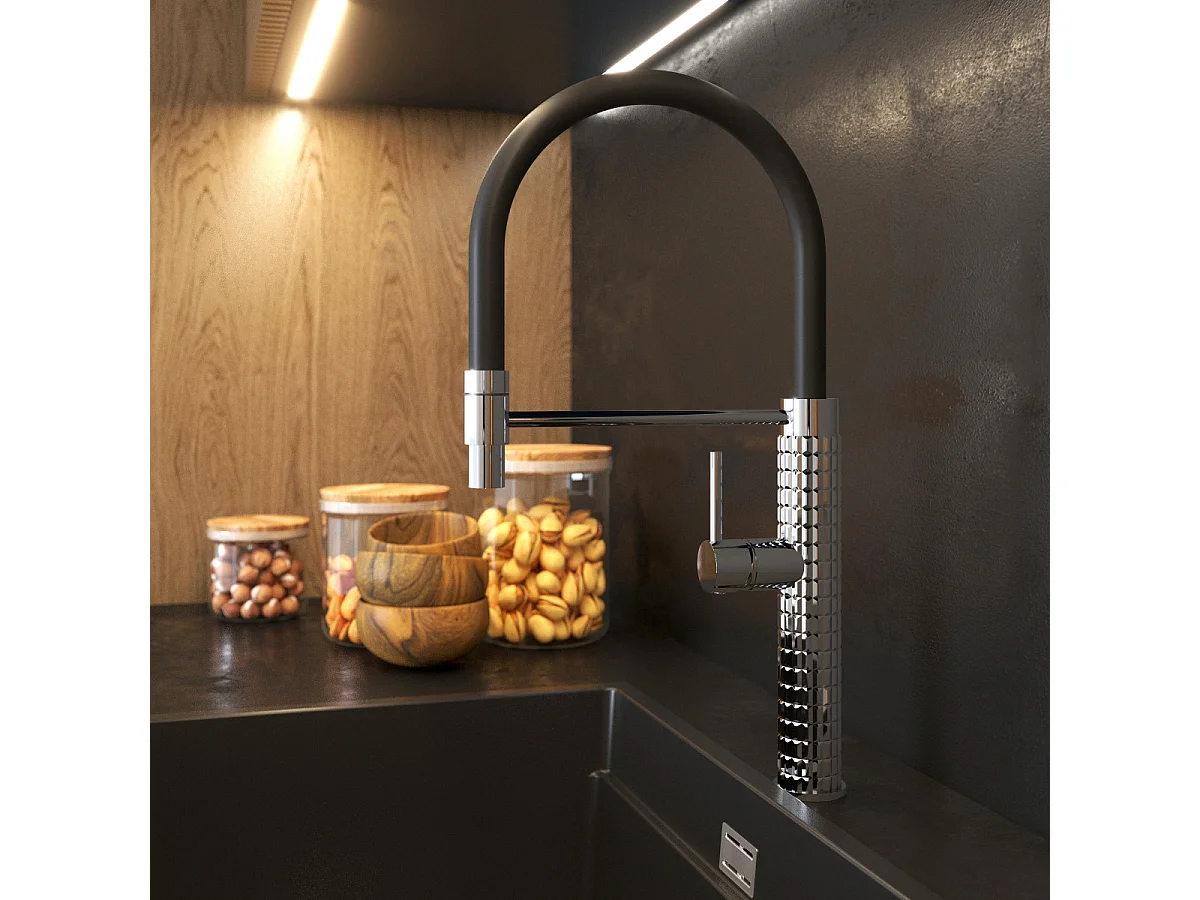 MÉLANGEUR DE CUISINE AVEC BEC FLEXIBLE ROBINET ARGENTÉ POUR ÉVIER CHROME FANO