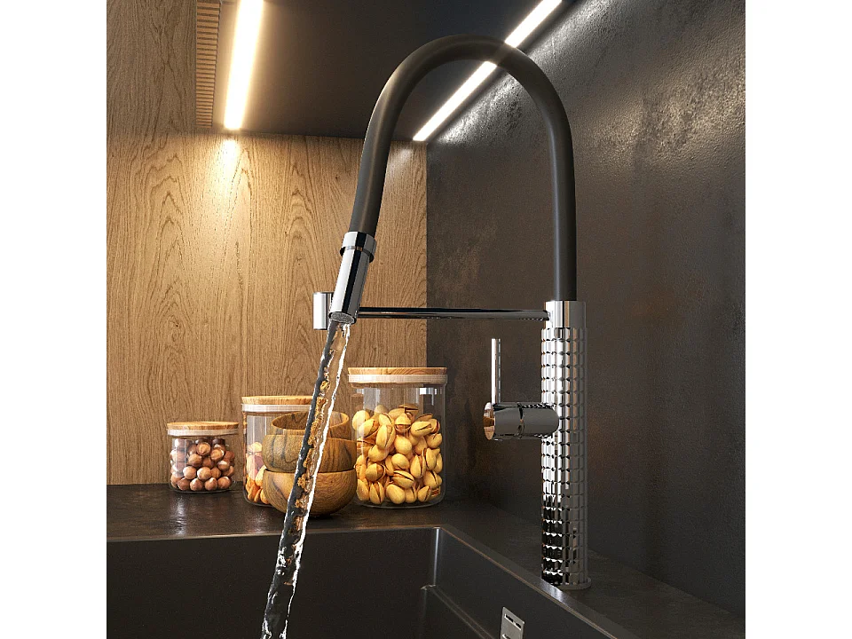 MÉLANGEUR DE CUISINE AVEC BEC FLEXIBLE ROBINET ARGENTÉ POUR ÉVIER CHROME FANO