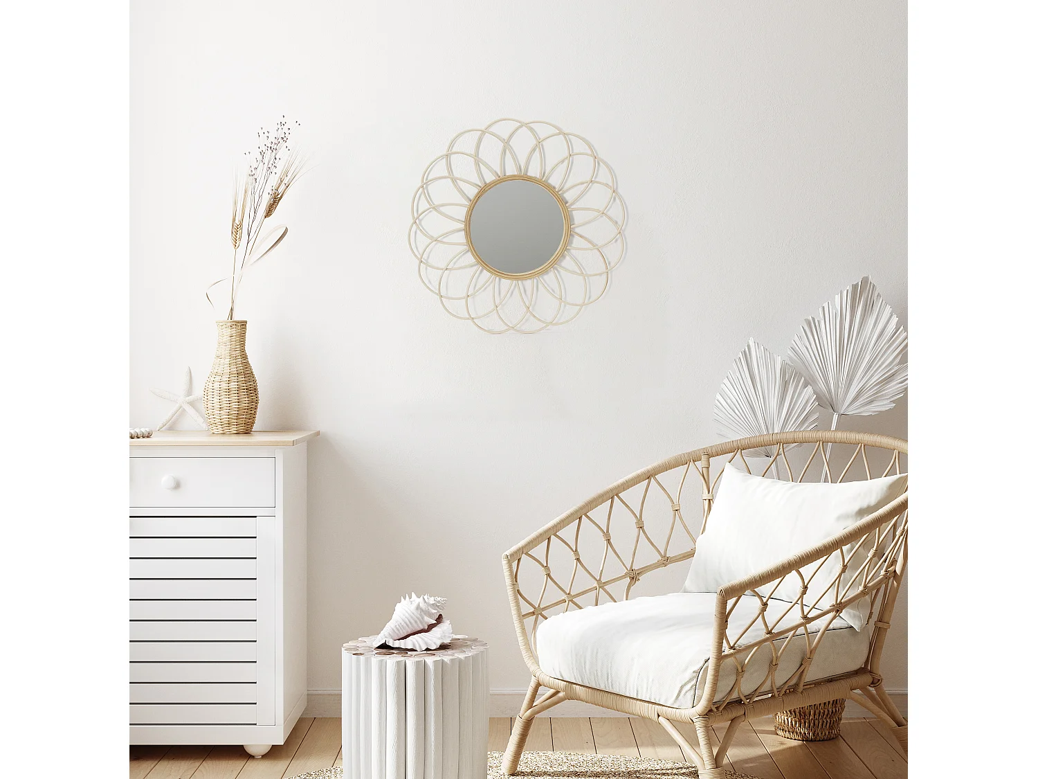 Miroir Mural en Rotin "Rosace" 56cm Naturel