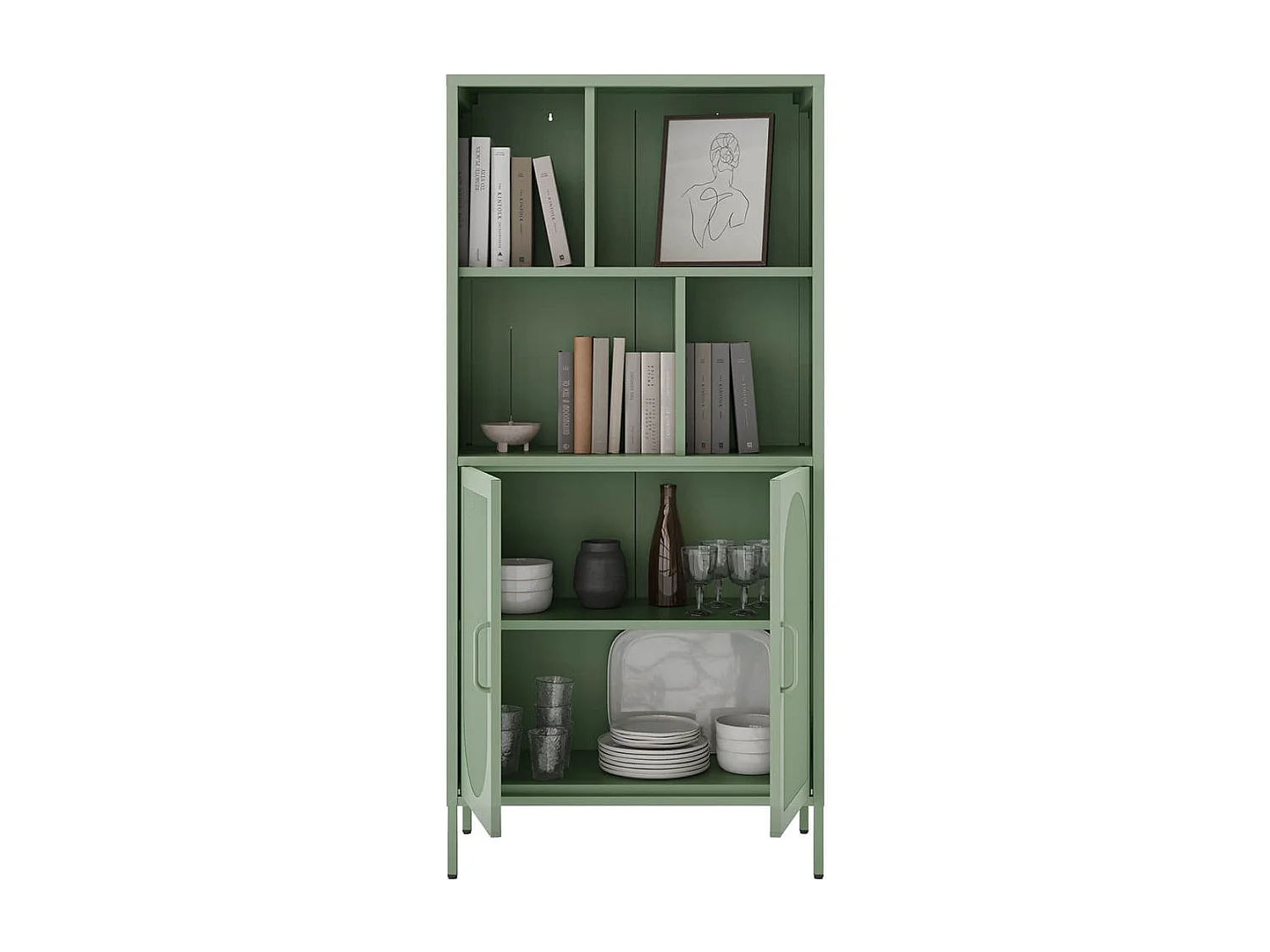 LIOVIA - Bibliothèque 2 Portes Ajourées 4 Niches en Métal Vert Menthe