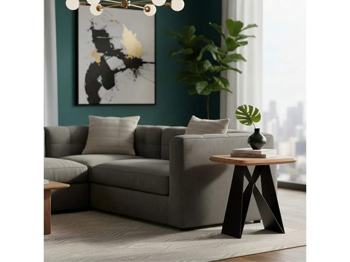 MYLONIS - Bout de Canapé Plateau en Acacia Massif Pieds Métal Noir Forme Papillon