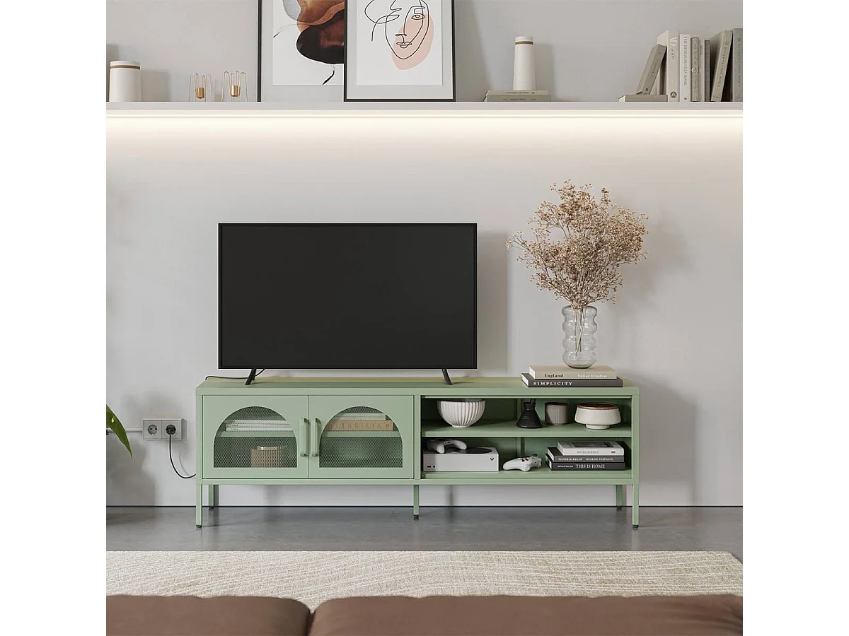 OLIVIA - Meuble TV 160 cm 2 Portes Ajourées 2 Niches en Métal Vert Menthe