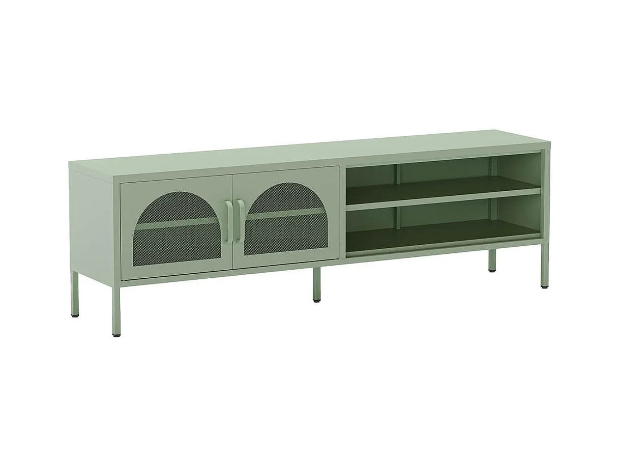 OLIVIA - Meuble TV 160 cm 2 Portes Ajourées 2 Niches en Métal Vert Menthe