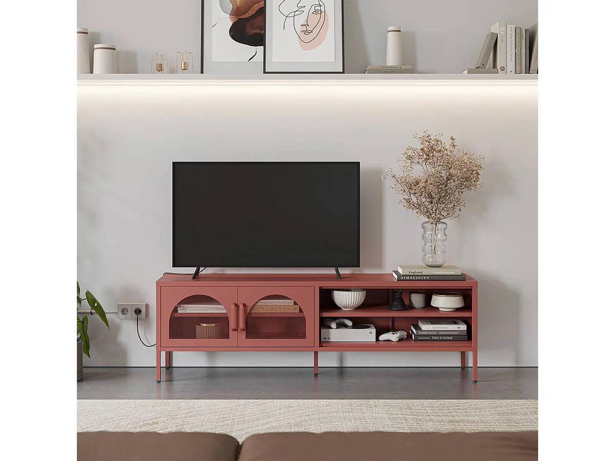 OLIVIA - Meuble TV 160 cm 2 Portes Ajourées 2 Niches en Métal Terracotta