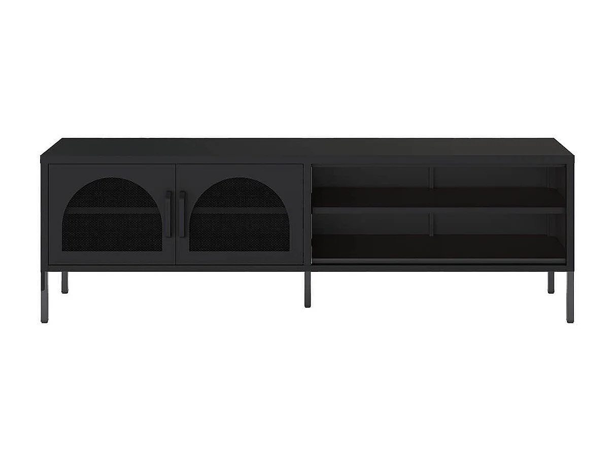 OLIVIA - Meuble TV 160 cm 2 Portes Ajourées 2 Niches en Métal Noir