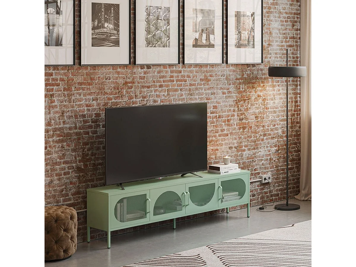 LIOVIA - Meuble TV 180 cm 4 Portes Ajourées en Métal Vert Menthe