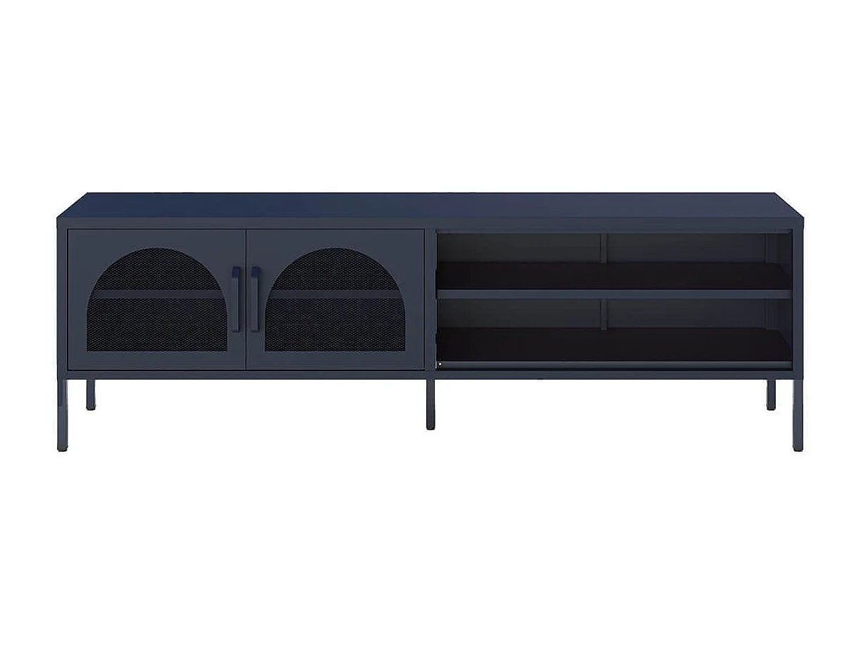 OLIVIA - Meuble TV 160 cm 2 Portes Ajourées 2 Niches en Métal Bleu Foncé