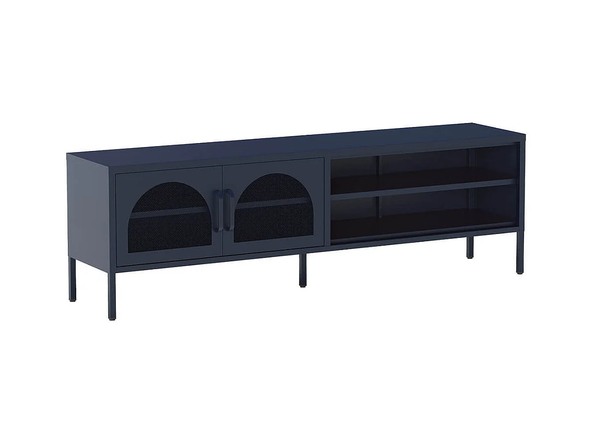 OLIVIA - Meuble TV 160 cm 2 Portes Ajourées 2 Niches en Métal Bleu Foncé