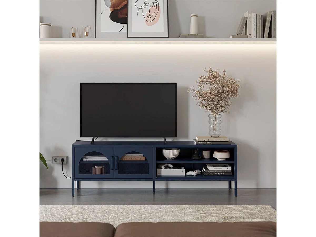 OLIVIA - Meuble TV 160 cm 2 Portes Ajourées 2 Niches en Métal Bleu Foncé