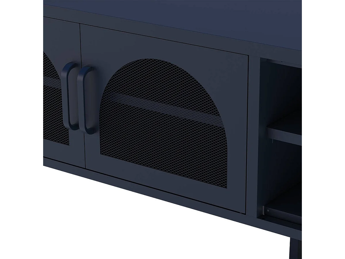 OLIVIA - Meuble TV 160 cm 2 Portes Ajourées 2 Niches en Métal Bleu Foncé