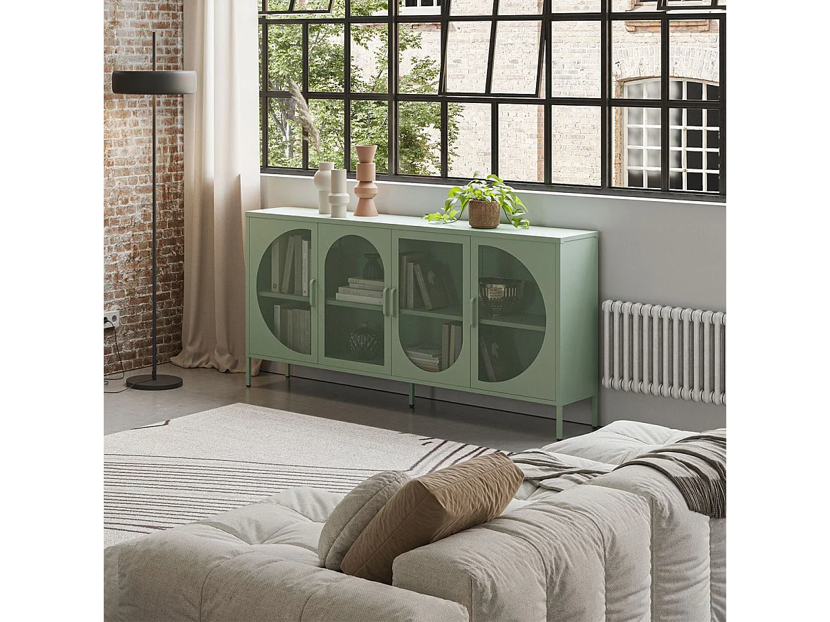 LIOVIA - Buffet 4 Portes Ajourées en Métal Vert Menthe