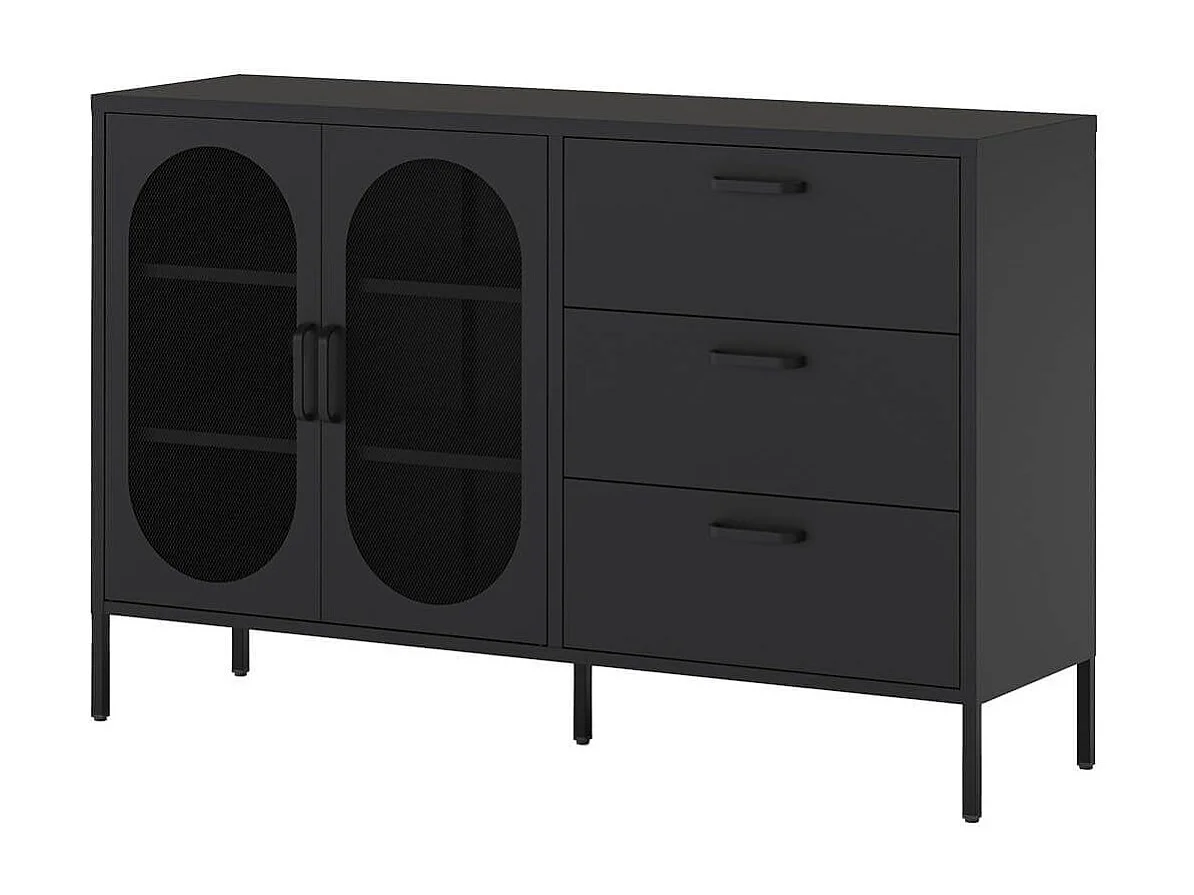 OLIVIA - Buffet 2 Portes Ajourées 3 Tiroirs en Métal Noir