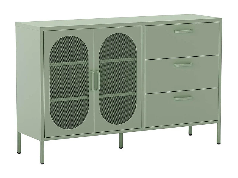 OLIVIA - Buffet 2 Portes Ajourées 3 Tiroirs en Métal Vert Menthe
