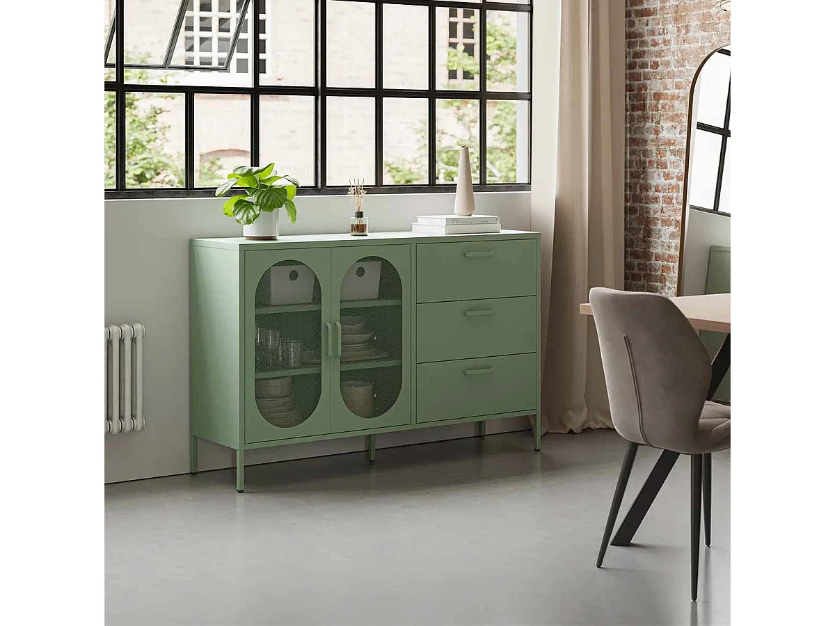 OLIVIA - Buffet 2 Portes Ajourées 3 Tiroirs en Métal Vert Menthe