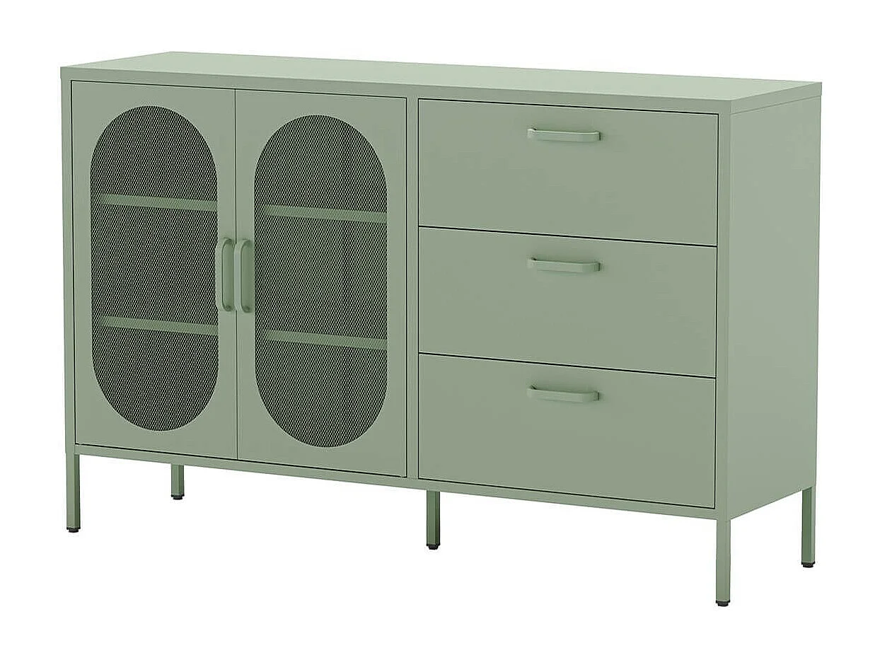 OLIVIA - Buffet 2 Portes Ajourées 3 Tiroirs en Métal Vert Menthe