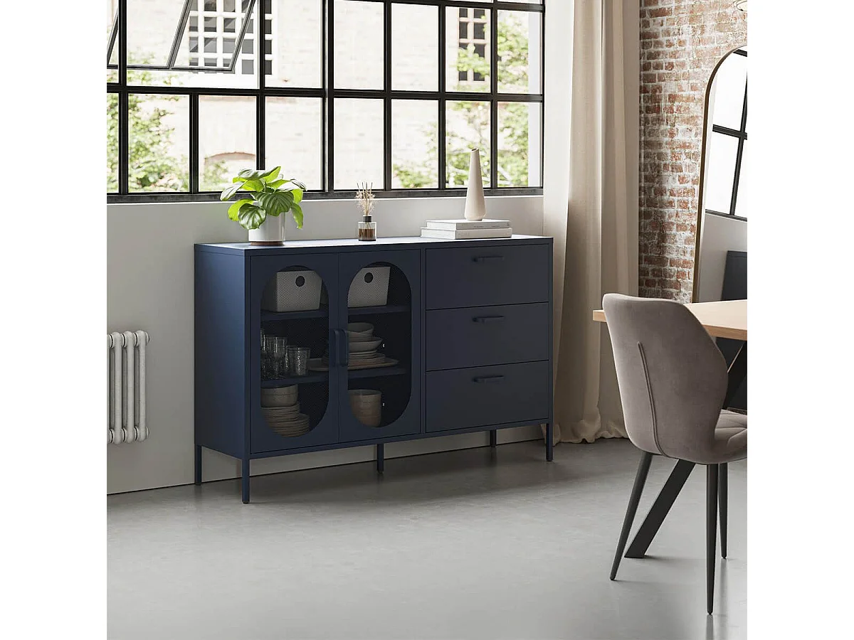 OLIVIA - Buffet 2 Portes Ajourées 3 Tiroirs en Métal Bleu Foncé
