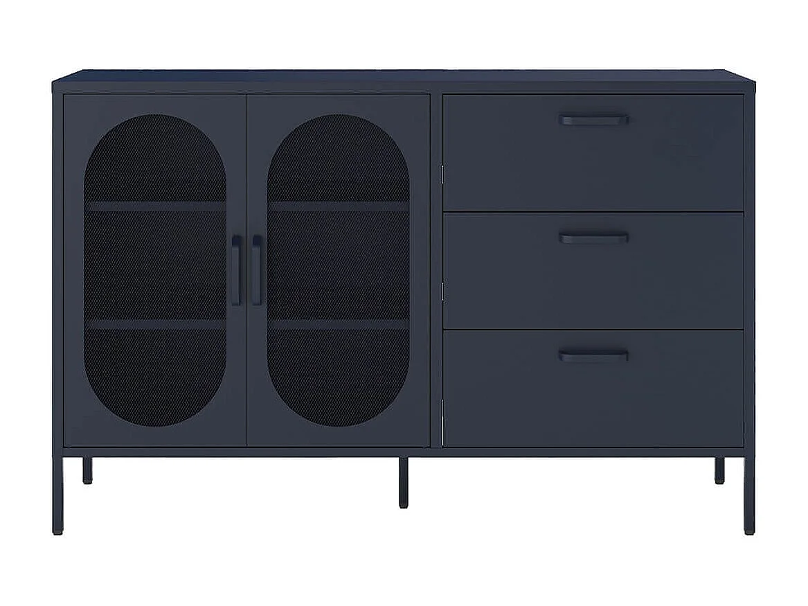 OLIVIA - Buffet 2 Portes Ajourées 3 Tiroirs en Métal Bleu Foncé