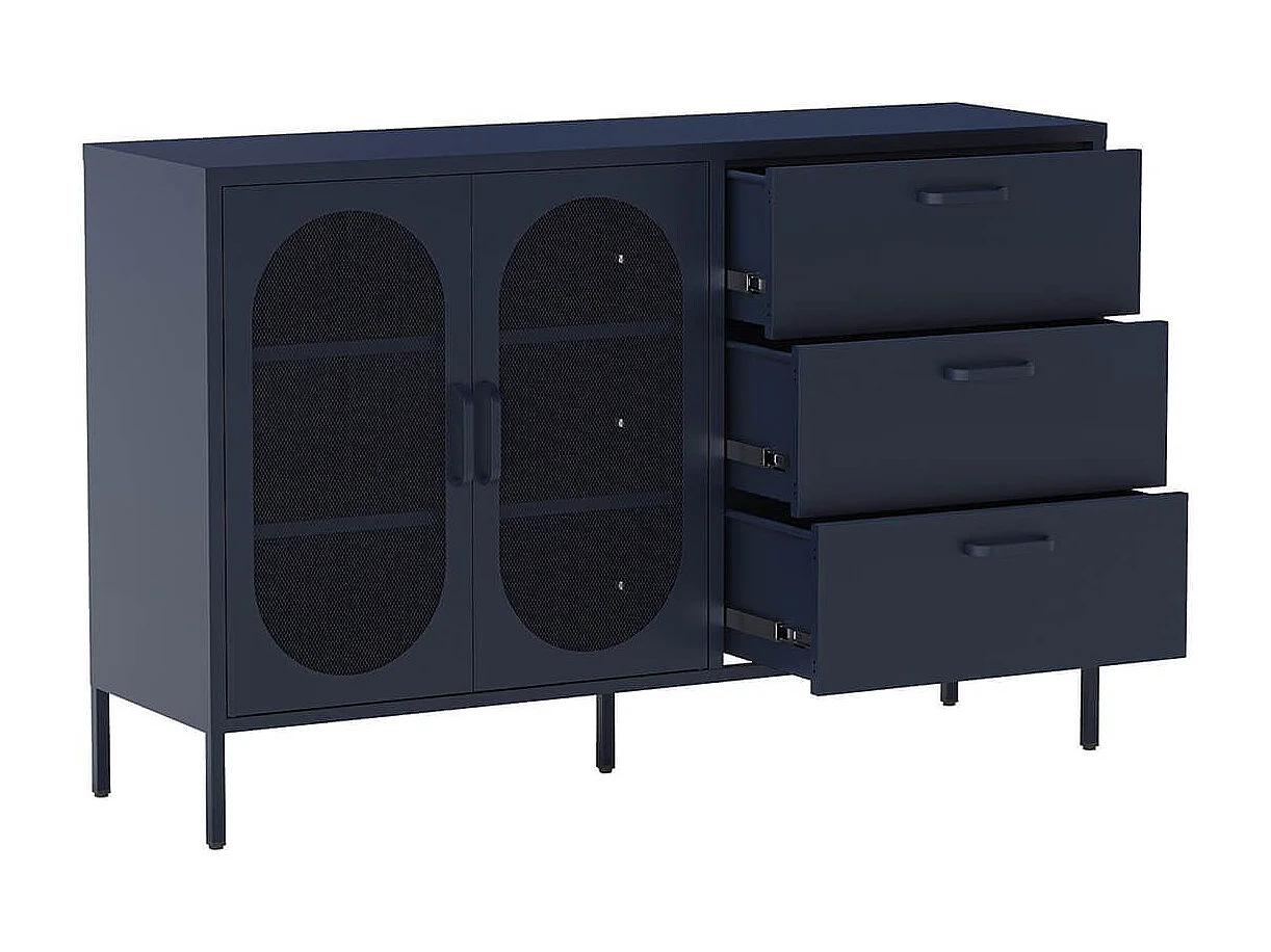 OLIVIA - Buffet 2 Portes Ajourées 3 Tiroirs en Métal Bleu Foncé
