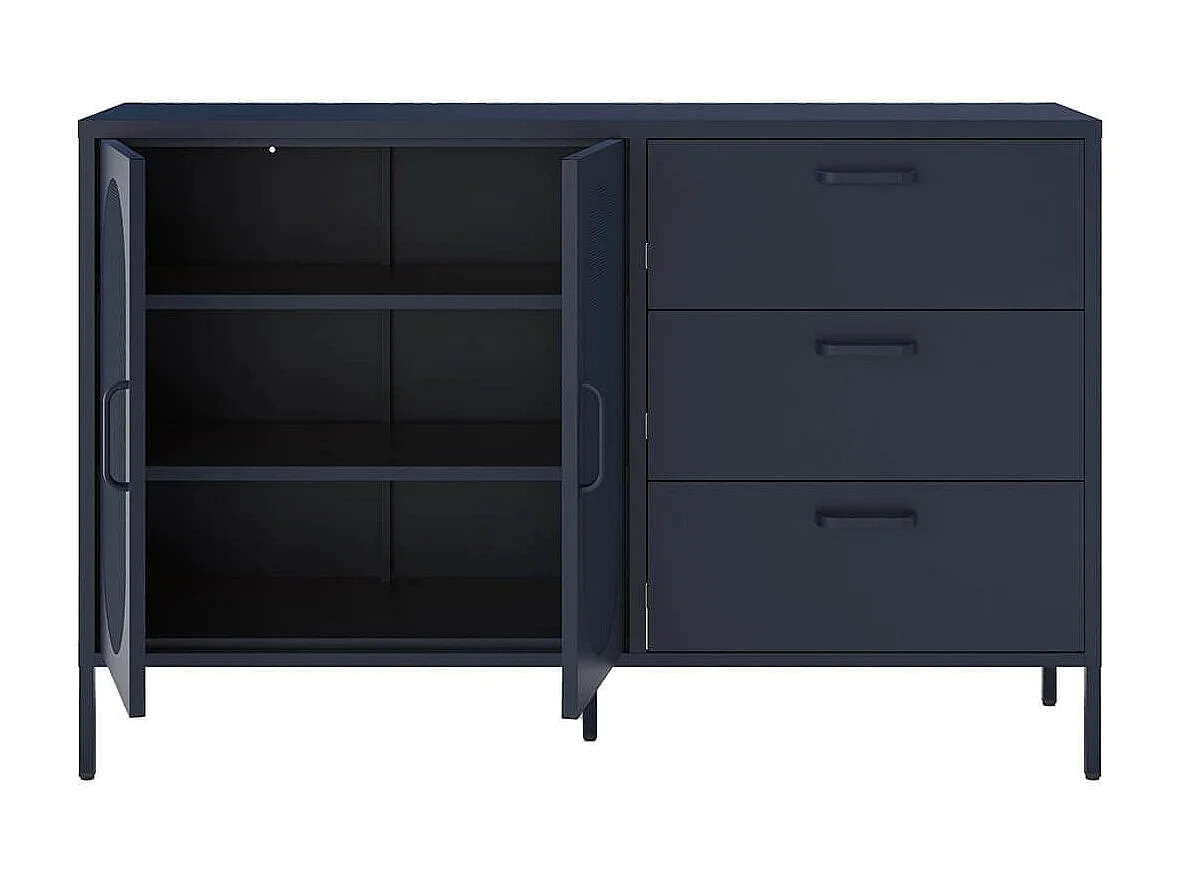 OLIVIA - Buffet 2 Portes Ajourées 3 Tiroirs en Métal Bleu Foncé